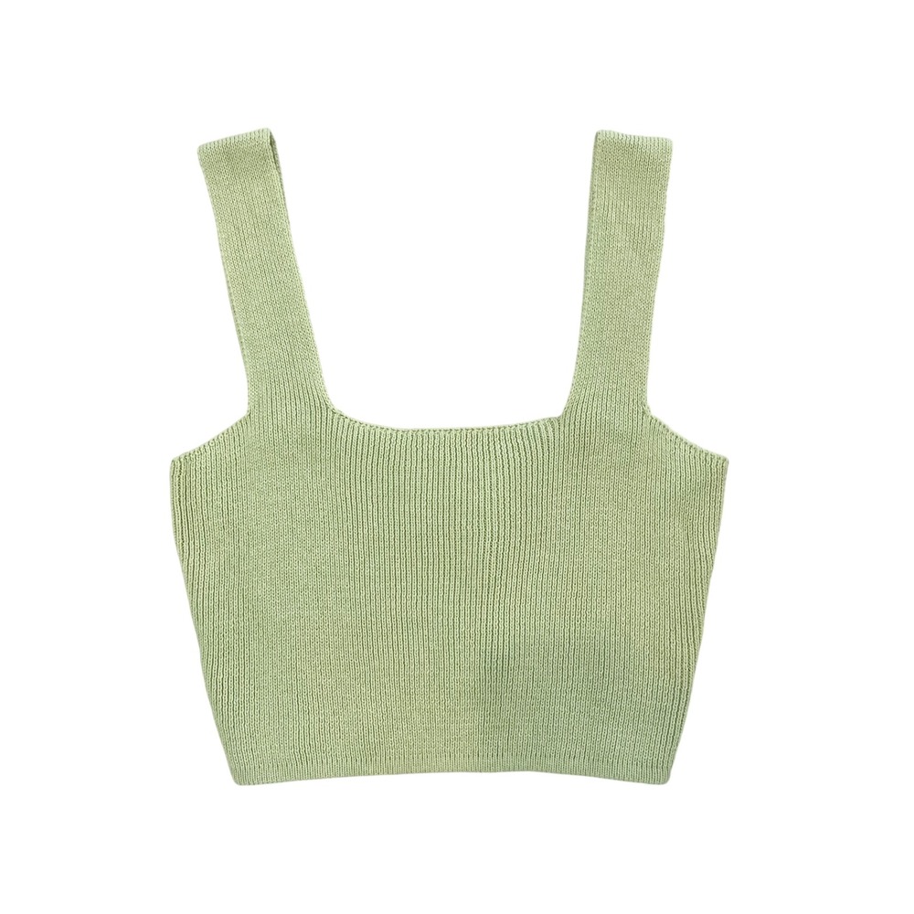 NEW Yellow The Label Green Ribbed Knit Square Neck Crop Tank Top Size Medium